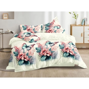 Pościel 160x200 kremowa kwiaty i motyle PK682 z prześcieradłem